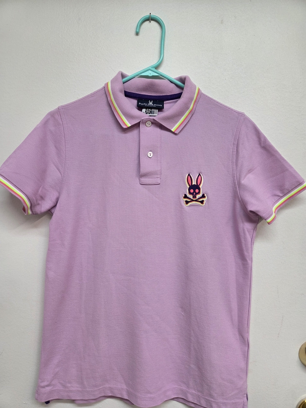 Psycho Bunny Lavender Polo with Neon Trim and Embroidered Skull Bunny